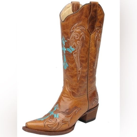 Circle G Shoes - Circle G by Corral Cognac & Turquoise-Beige Wing & Cross Boots Size 10